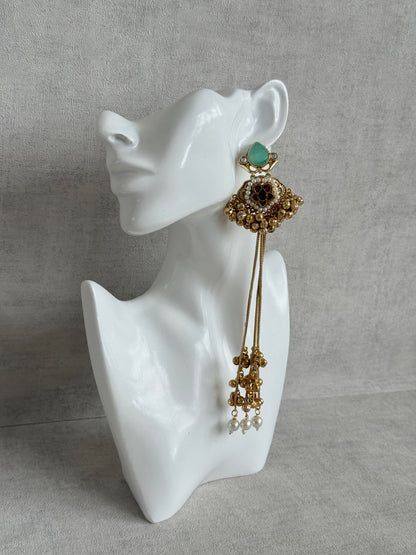 Ayura Designs Nishat Earrings – Kashmiri Duster Earrings with Mint Green Stones, Pearl Drops & Ghungroo Detailing