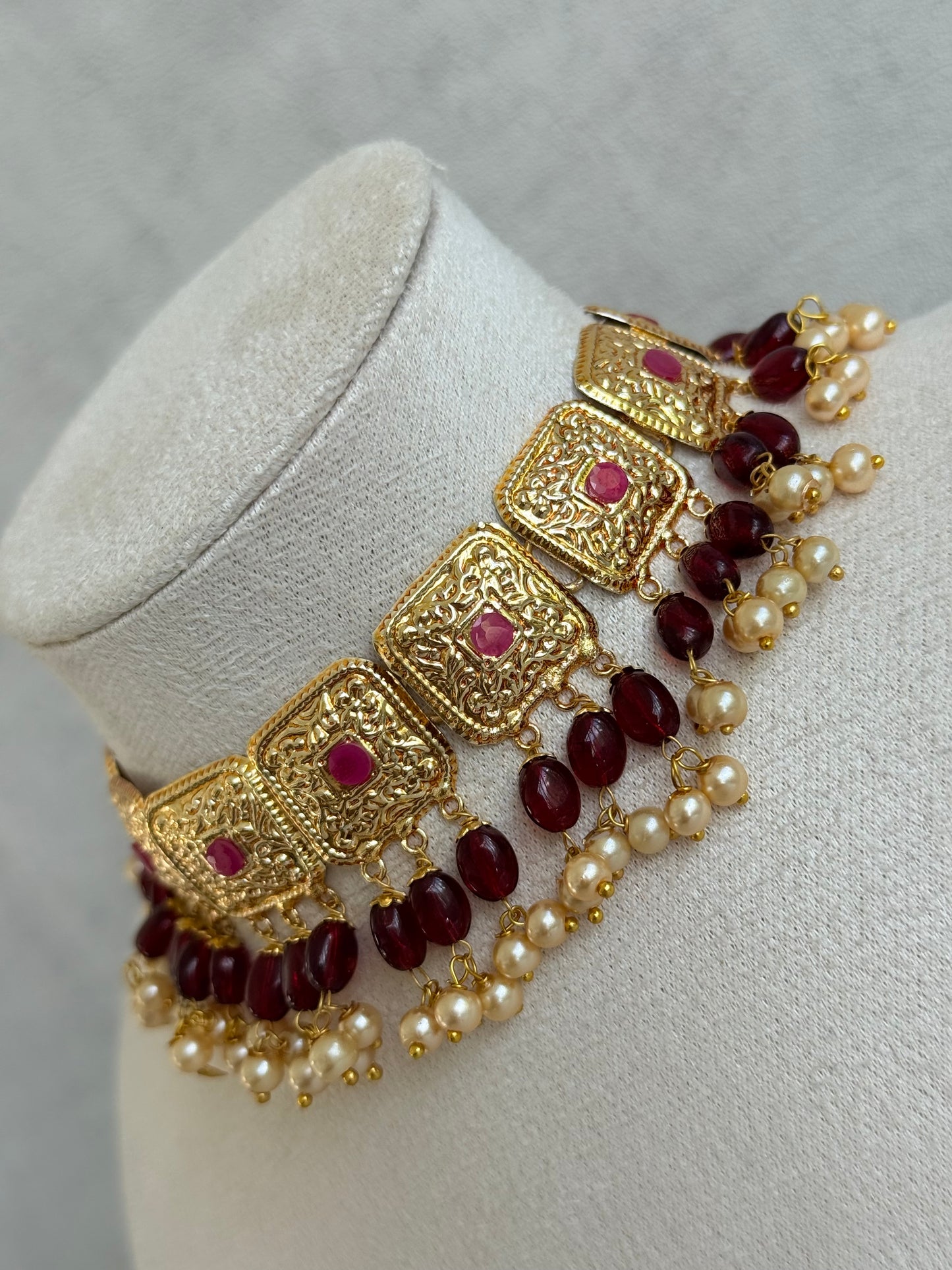 Ayura Designs Chetna Choker Set with Earrings & Tikka – Maroon Beads, Cream Pearl Drops with Pipal Patti Detailing