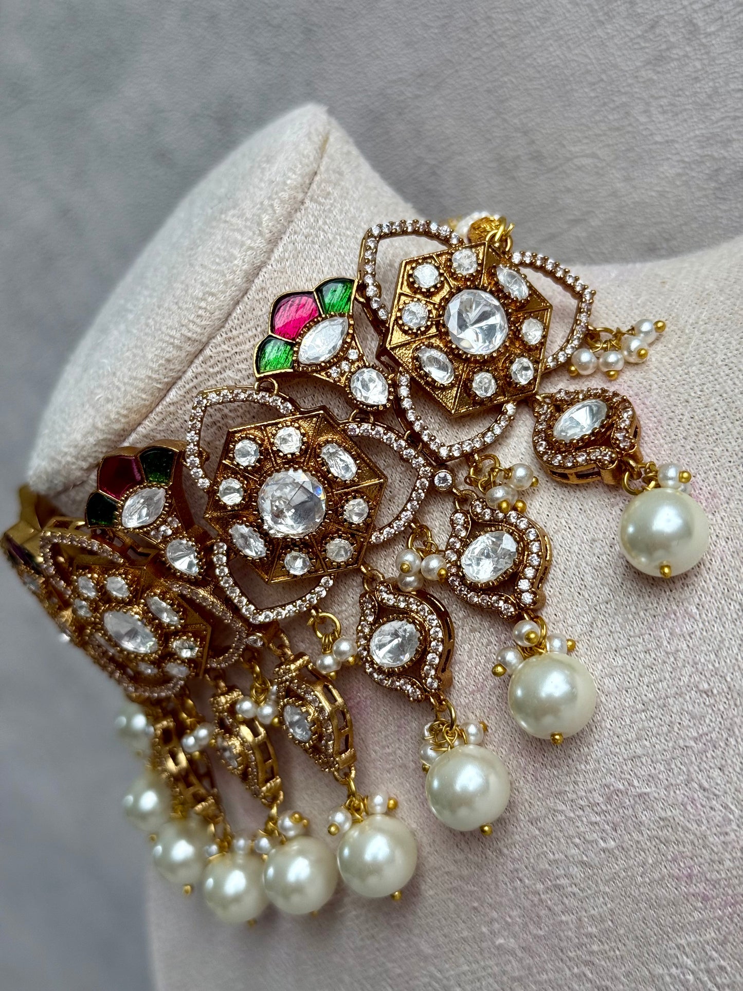 Ayura Designs Serina Choker Set with Earrings – Green & Pink Enamel, Mirror-Cut Stones & Pearl Drops