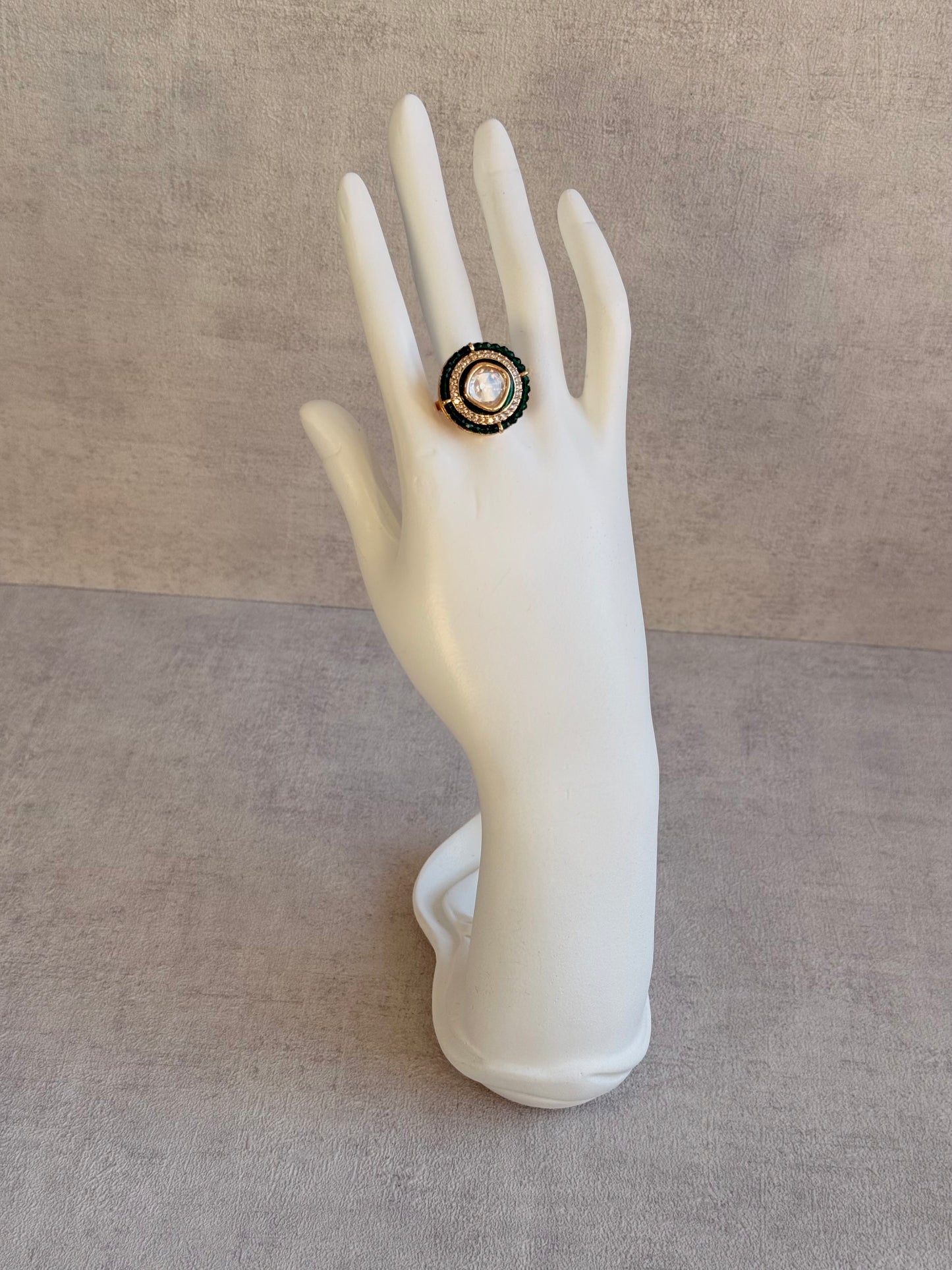 Ayura Designs Roselle Adjustable Ring – Moissanite Centre with Crystal Border & Emerald Green Beads