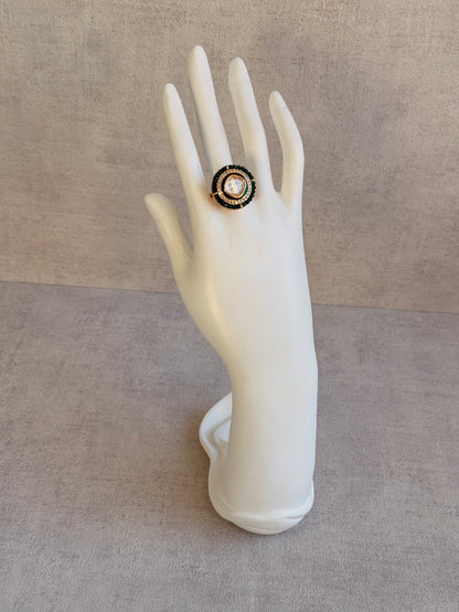 Ayura Designs Roselle Adjustable Ring – Moissanite Centre with Crystal Border & Emerald Green Beads