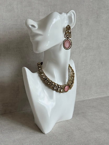 Ayura Designs Sadie Necklace Set with Earrings – Blush Pink Centre Stone, Moissanite Style Stones & Crystal Halo Detailing