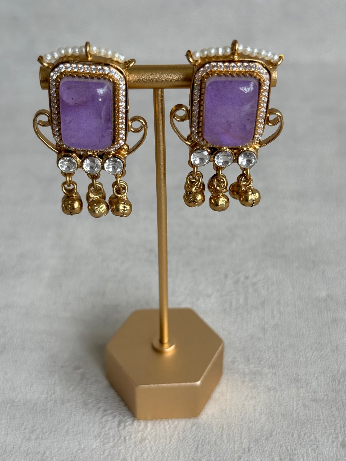 Ayura Designs Aleena Earrings – Lilac Stone Stud Earrings with Pearls & Ghungroo Detailing