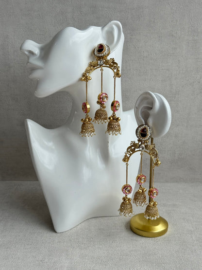 Ayura Designs Arzina Earrings – Triple Jhumki Earrings with Blush Pink Stones, Pearl Borders & Gold Detailing
