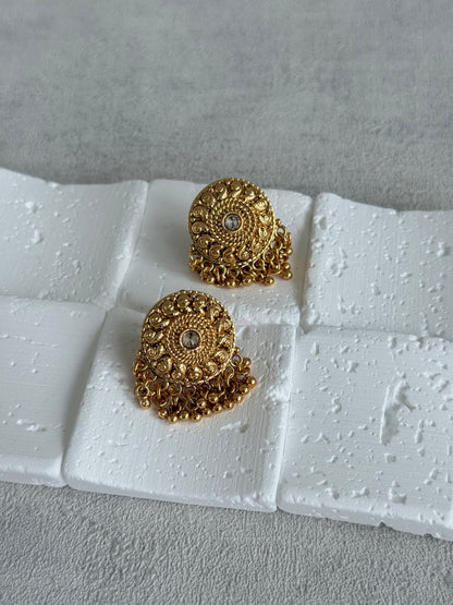 Ayura Designs Deesha Stud Earrings – Gold Finish with Crystal & Ghungroo Detailing