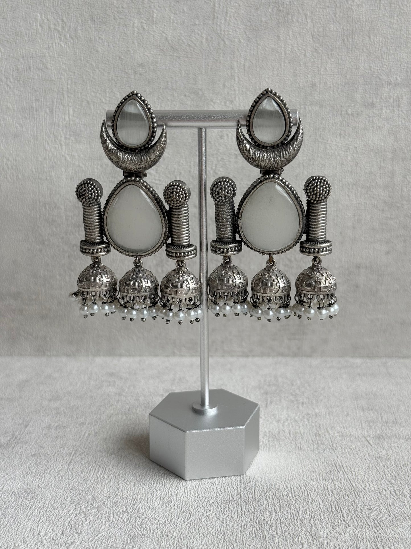 Ayura Designs Qissa Earrings – Oxidised Triple Jhumki Earrings with Opal Grey Stones & Pearl Detailing