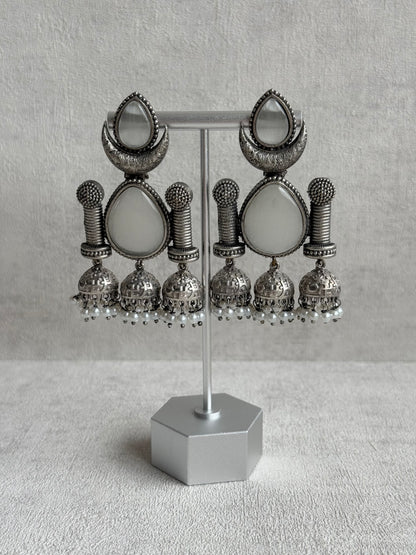 Ayura Designs Qissa Earrings – Oxidised Triple Jhumki Earrings with Opal Grey Stones & Pearl Detailing