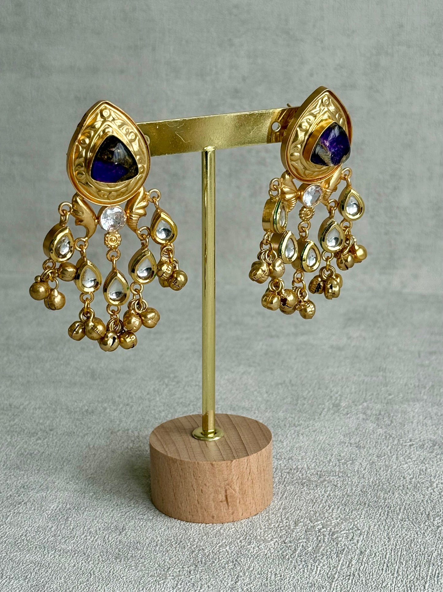 Ayura Designs Arheer Earrings – Violet Marble with Kundan Detailing & Antique Gold Ghungroos
