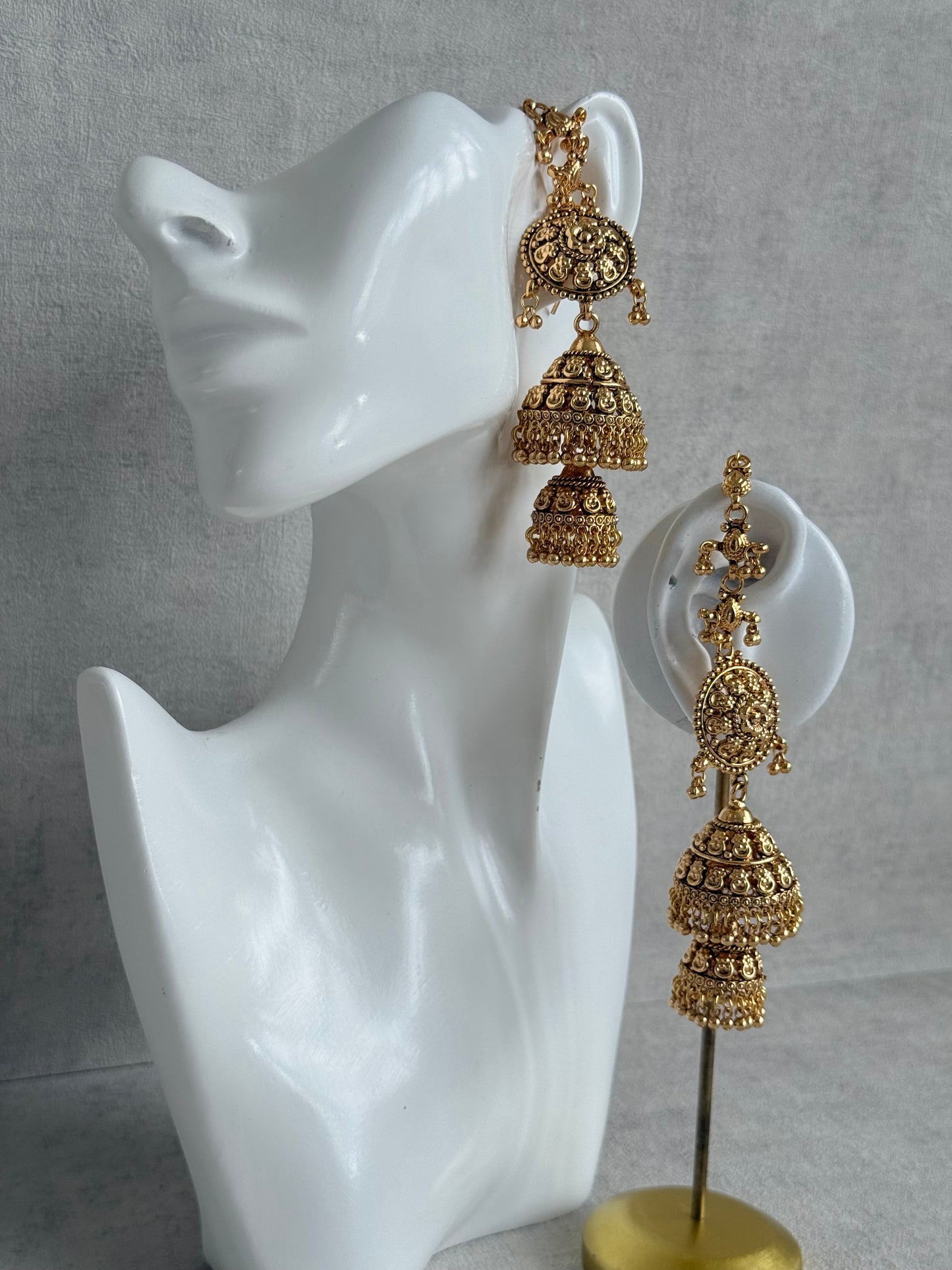 Ayura Designs Chhavi Sahare Jhumkis – Antique Gold Finish with Double Dome Design