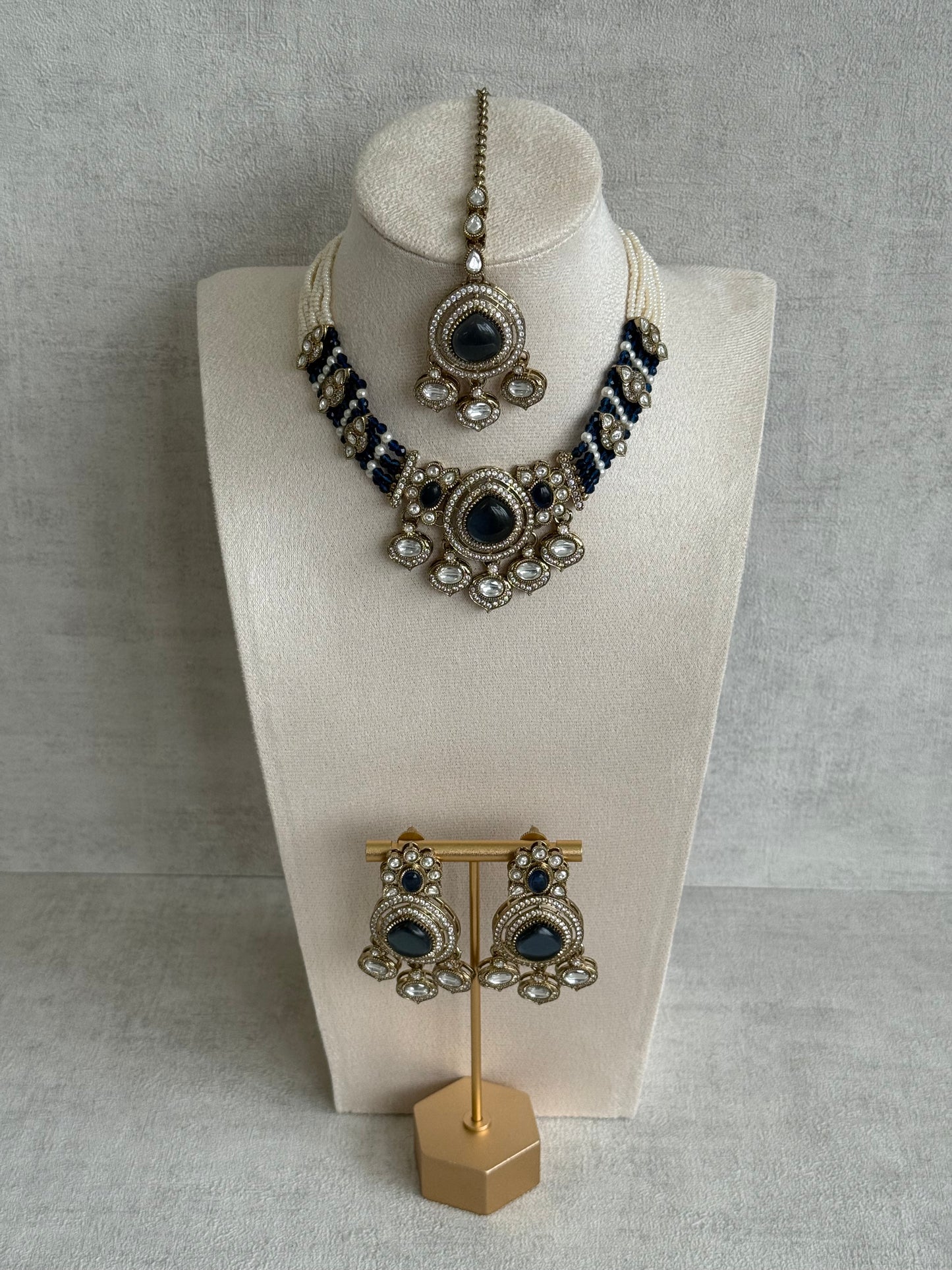 Ayura Designs Rahi Necklace Set with Earrings & Tikka – Ink Blue Stones with Mirror-Cut Detailing & Pearl Strands