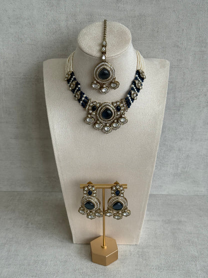 Ayura Designs Rahi Necklace Set with Earrings & Tikka – Ink Blue Stones with Mirror-Cut Detailing & Pearl Strands