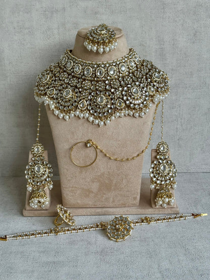 Ayura Designs Meherbano Bridal Set with Necklace, Jhumkis, Tikka, Nath, Ring & Sheeshphool – Mirror-Cut Stones with Pearl Detailing