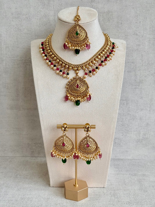 Ayura Designs Hamida Set with Necklace, Earrings & Tikka – Antique Gold with Ruby Pink and Emerald Green Beads & Pearl Detailing