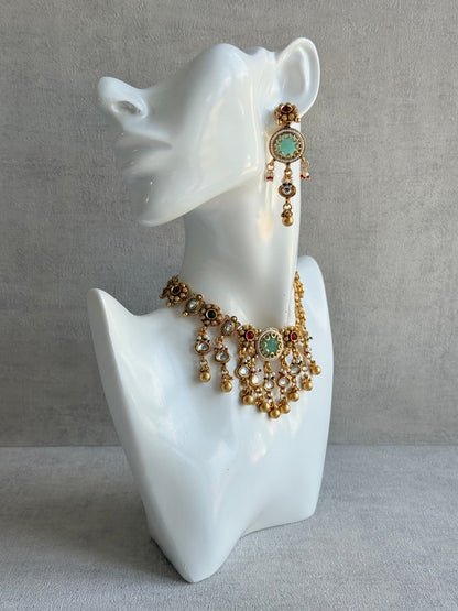 Ayura Designs Abira Necklace Set with Earrings – Kundan, Multicolour Stones, Pearl Detailing & Gold Finish