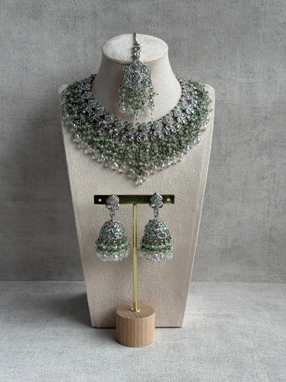 Ayura Designs Rayna Set – Necklace, Jhumkis & Tikka with Mint Green Beads, Mirror-Cut Stones & Silver Finish