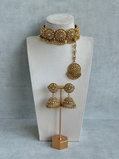 Ayura Designs Nawabi Choker Set with Jhumkis & Tikka – Traditional Gold Tone Bridal Choker with Floral Motifs & Ghungroo Detailing