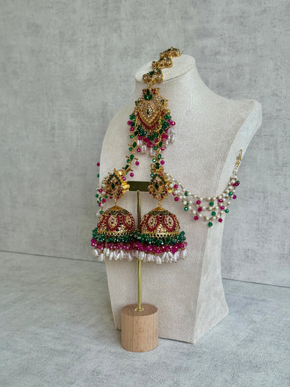 Ayura Designs Safia Tikka Set with Sahare Earrings – Multicolour (Emerald Green, Hot Pink & Ivory Beads)