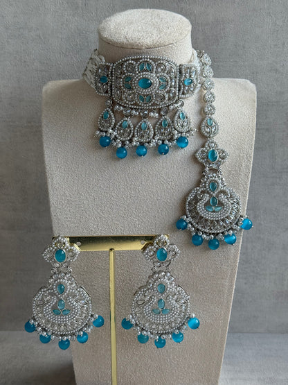 Ayura Designs Zarlish Set – Choker, Earrings & Tikka with Mirror-Cut Stones, Aqua Blue Beads & Silver Finish