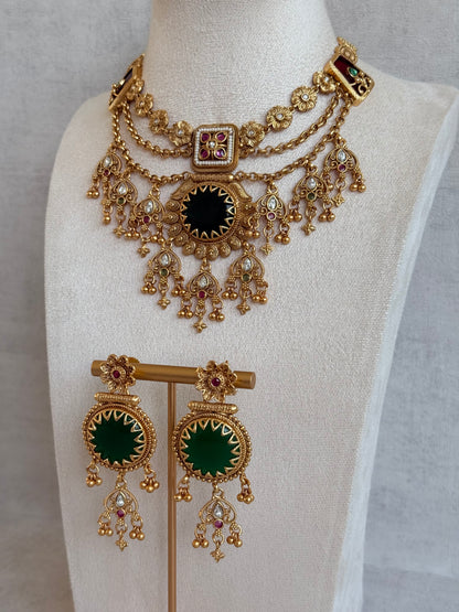 Ayura Designs Bolavi Necklace Set with Earrings – Green Stones, Kundan & Ghungroo Detailing