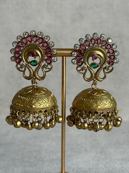 Ayura Designs Moraya Jhumkis – Berry Pink Peacock Motif with Antique Gold Detailing