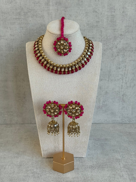Ayura Designs Huma Set with Jhumkis & Tikka – Mirror-Cut Stones, Fuchsia Beads & Pearl Detailing