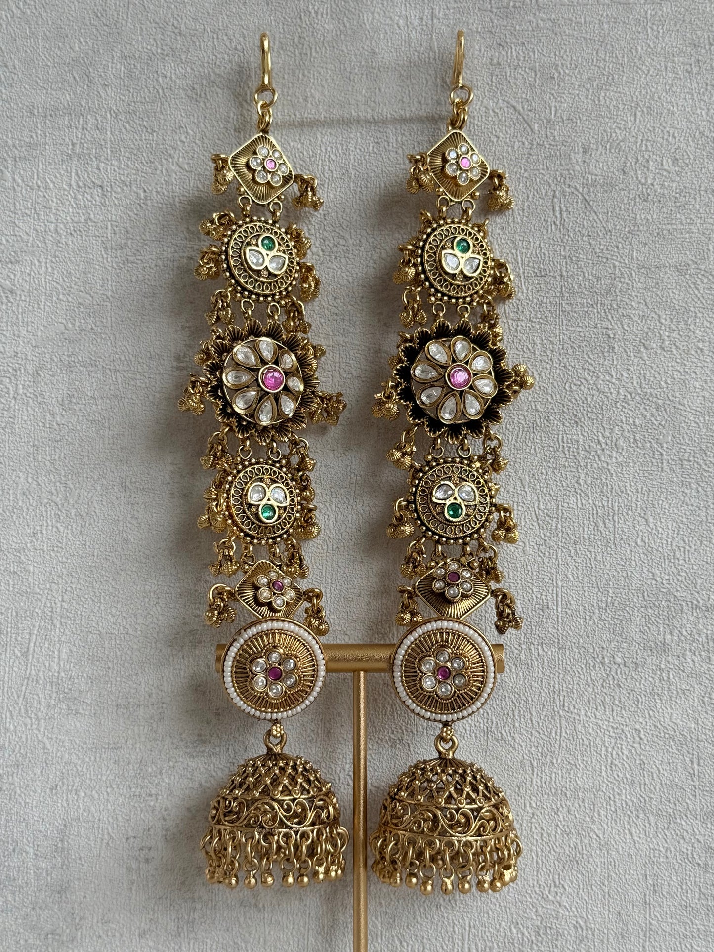 Ayura Designs Sabina Jhumkis with Detachable Sahare – Multicolour Kundan & Antique Gold Finish