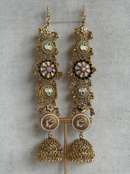 Ayura Designs Sabina Jhumkis with Detachable Sahare – Multicolour Kundan & Antique Gold Finish