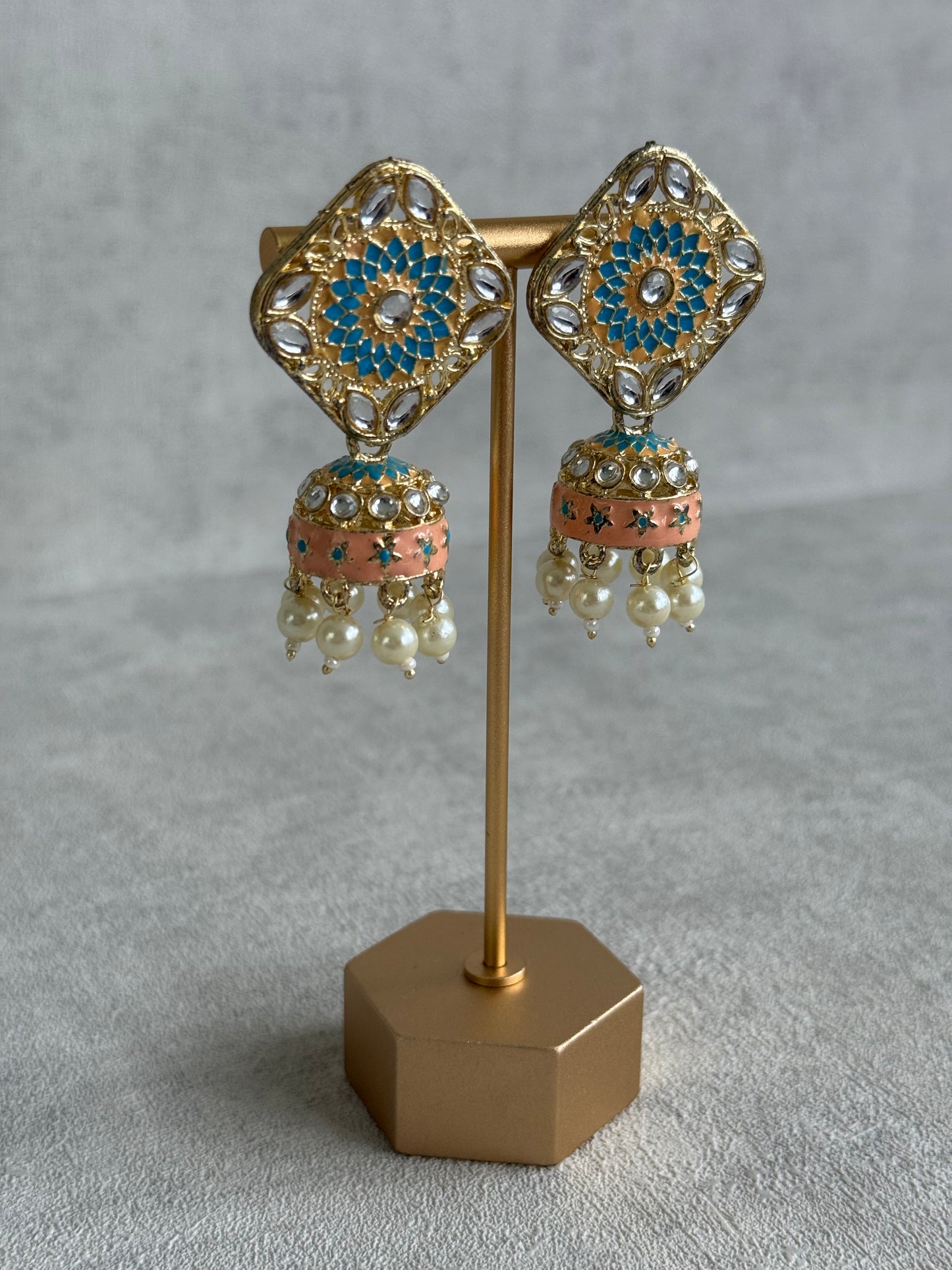 Ayura Designs Rangoli Jhumkis – Aqua Blue & Peach Meenakari with Pearl Drops in Antique Gold Finish