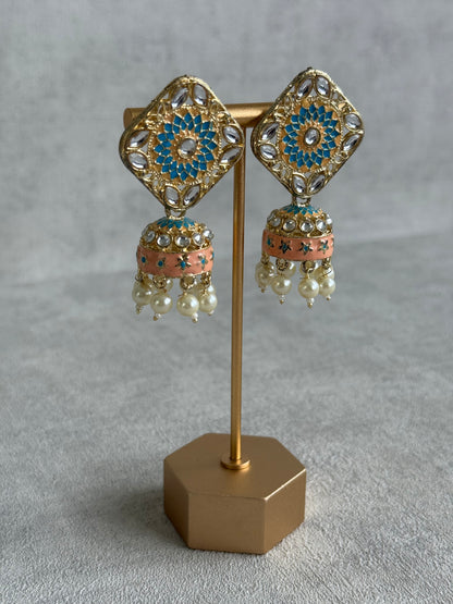 Ayura Designs Rangoli Jhumkis – Aqua Blue & Peach Meenakari with Pearl Drops in Antique Gold Finish