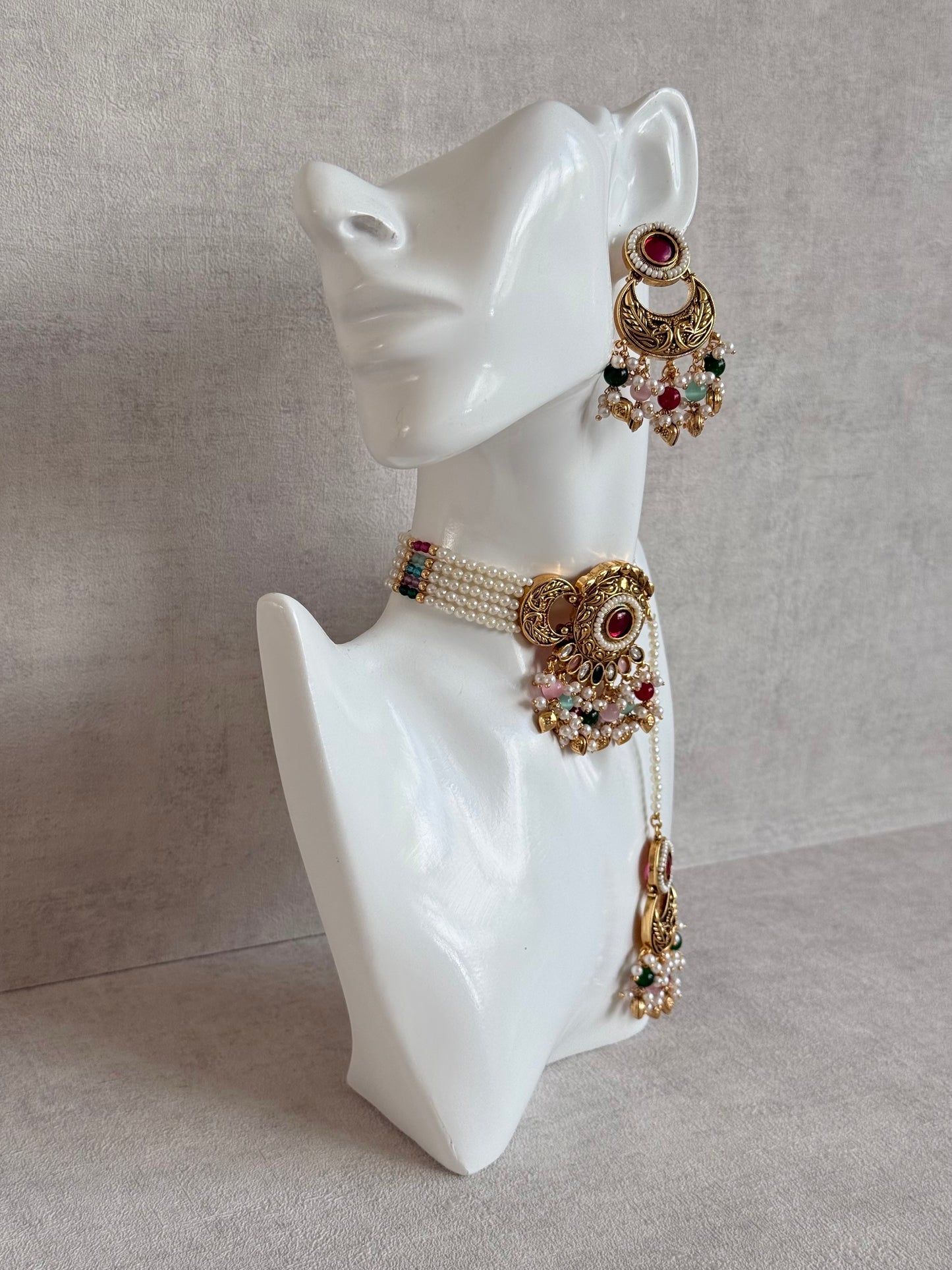 Ayura Designs Mehr Choker Set with Earrings & Tikka – Multicolour Beads, Ruby Pink Centre Stones, Pearl Strands & Antique Gold Finish