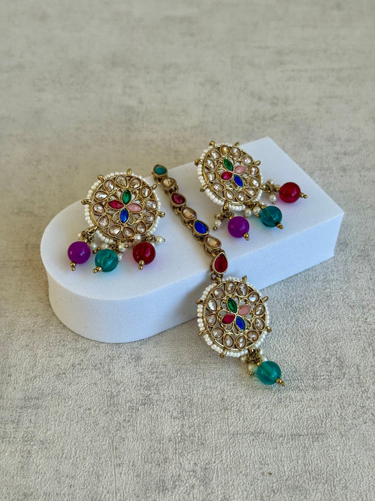 Ayura Designs Ifrah Tikka Set with Studs – Multicolour Stones, Kundan Work & Gold Finish