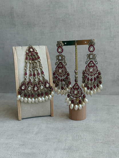 Ayura Designs Riwaayat Set with Necklace, Earrings, Tikka & Passa – Fuchsia Stones, Mirror-Cut Detailing & Ivory Pearl Drops