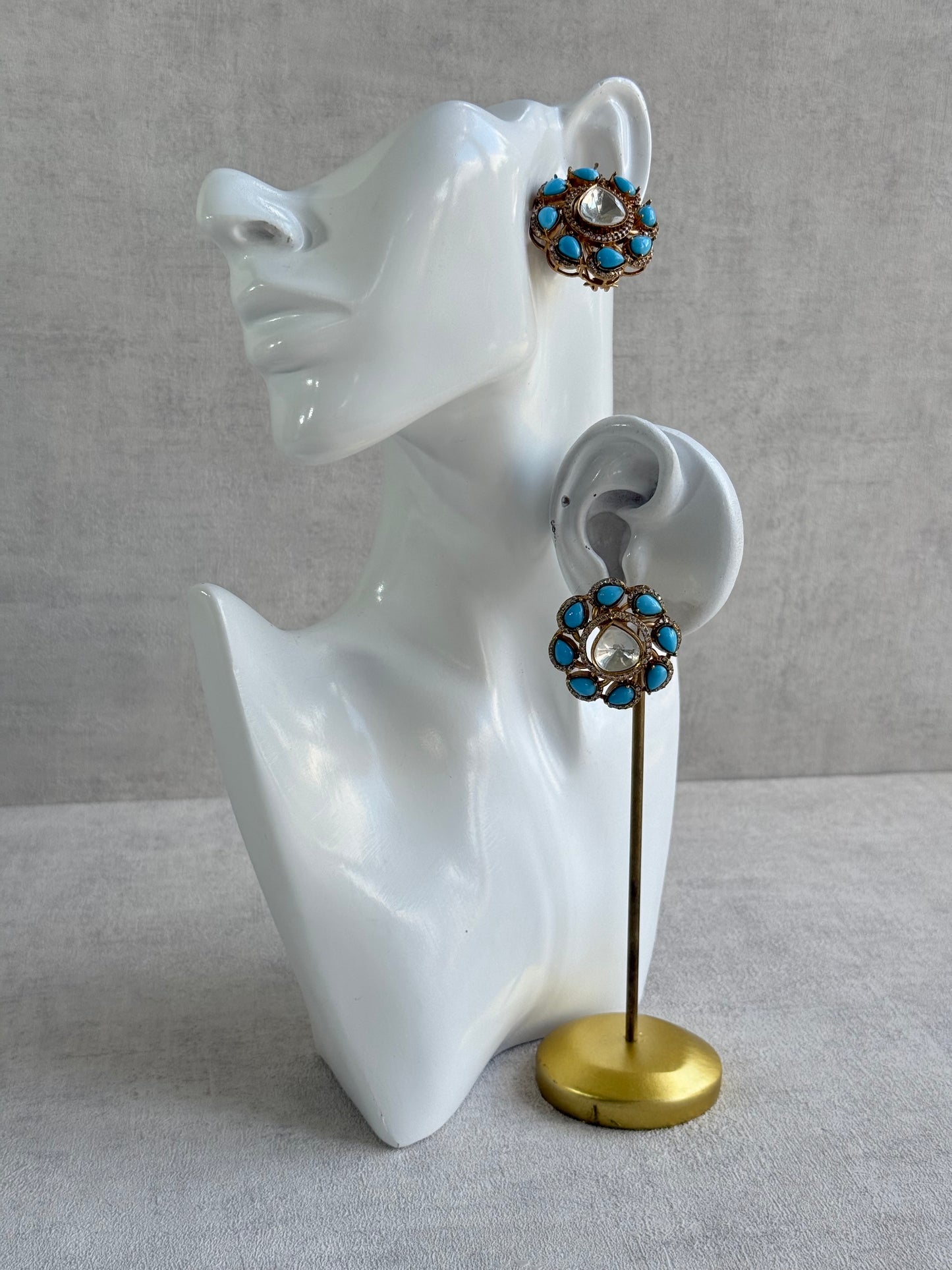 Ayura Designs Giana Stud Earrings – Turquoise Blue & Crystal Kundan with Gold Finish