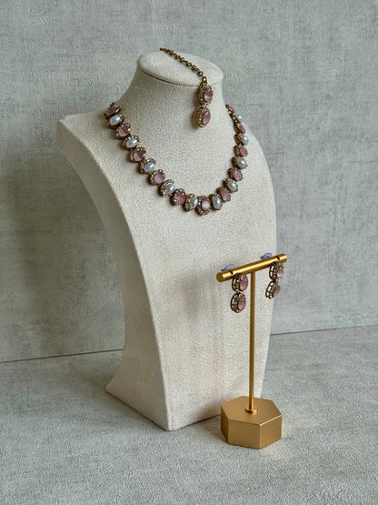 Ayura Designs Eira Set – Necklace, Earrings & Tikka with Blush Pink & Ivory Oval Stones in Antique Gold
