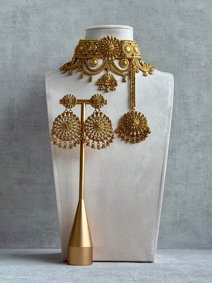 Ayura Designs Sahiban Set – Antique Gold Choker, Earrings & Tikka with Textured Filigree Motifs