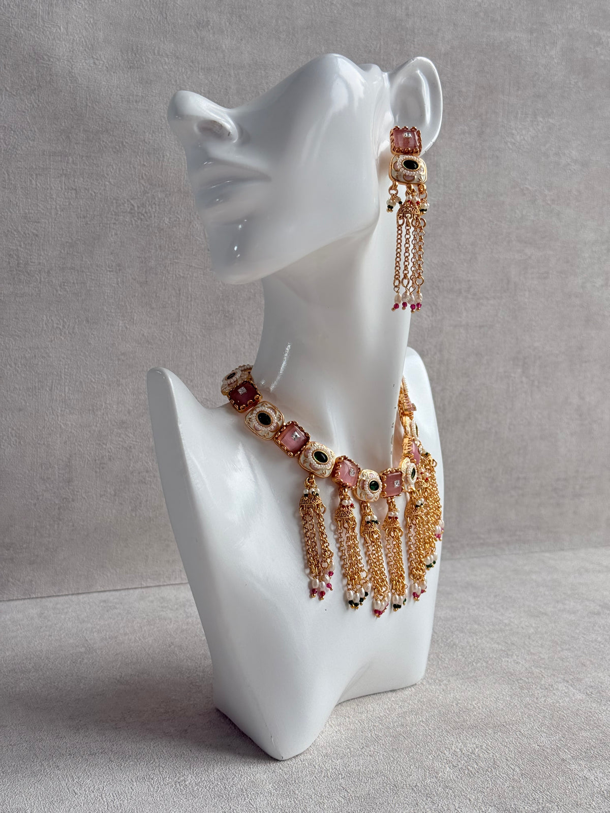 Ayura Designs Thansi Necklace Set with Earrings – Pink & Green Stones, Enamel Detailing, Chains with Pearl Drops & Gold Finish