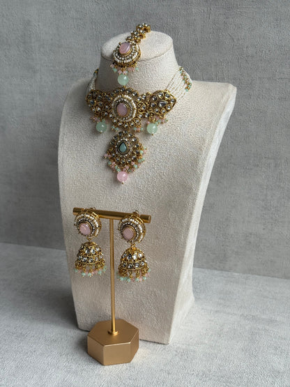 Ayura Designs Muskaan Set – Choker, Jhumkis & Tikka with Blush Pink & Mint Beads, Kundan Stones & Antique Gold Finish