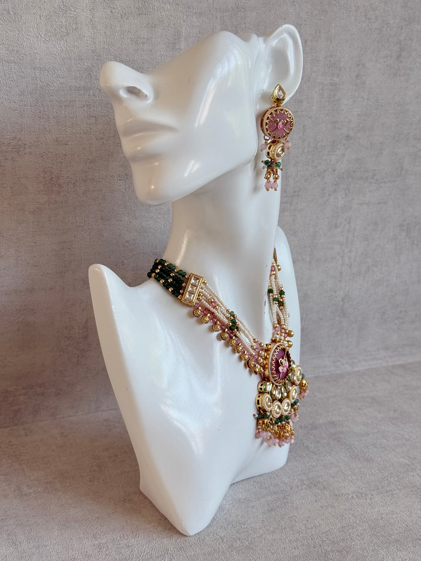 Ayura Designs Hasika Necklace Set with Earrings – Rose Pink, Emerald Green, Kundan & Pearl Detailing
