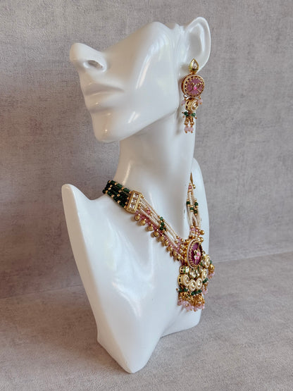 Ayura Designs Hasika Necklace Set with Earrings – Rose Pink, Emerald Green, Kundan & Pearl Detailing