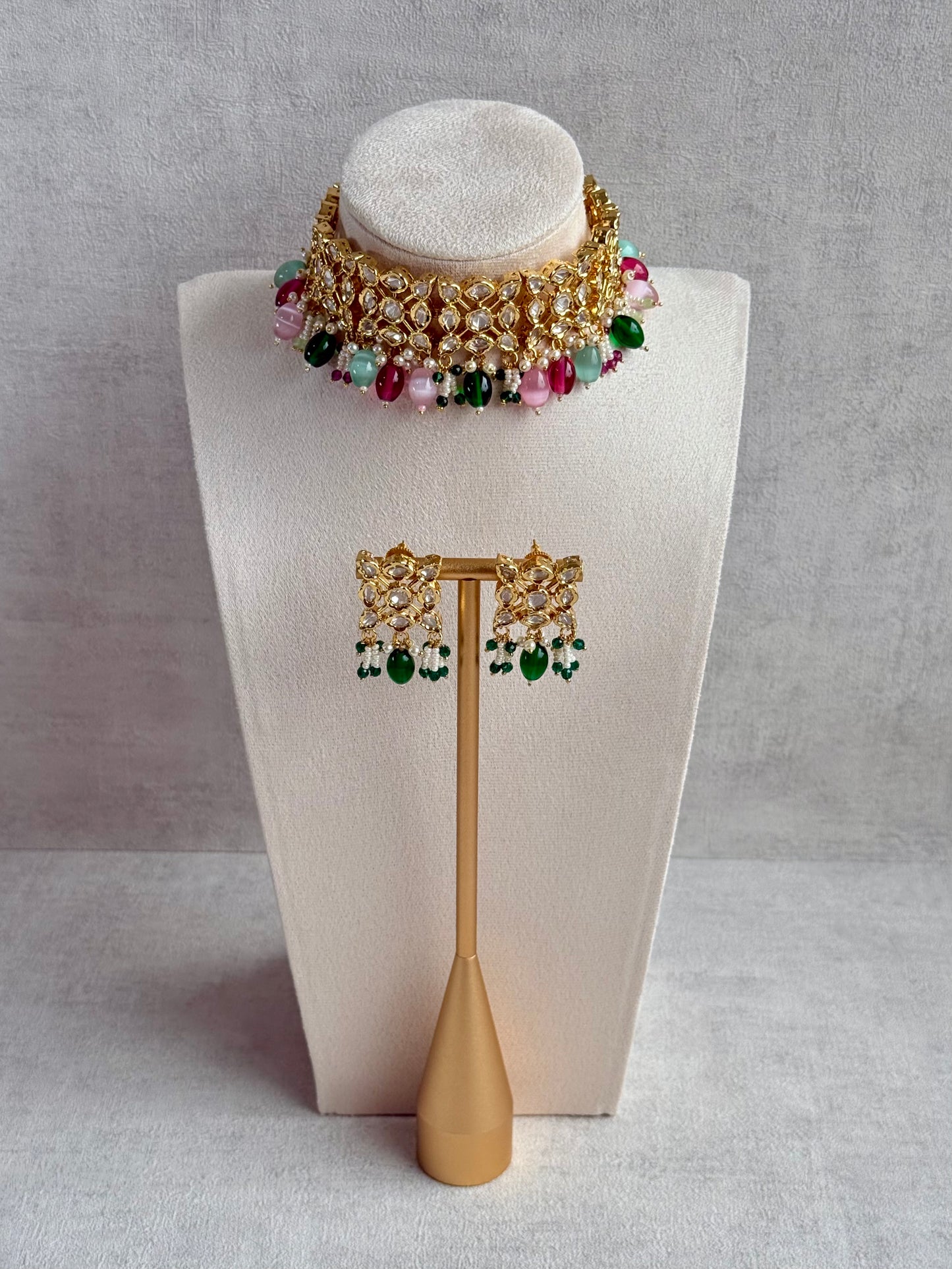 Ayura Designs Navya Choker Set with Earrings – Gold Finish with Moissanite Stones, Lattice Design, Emerald Beads & Pearl Detailing