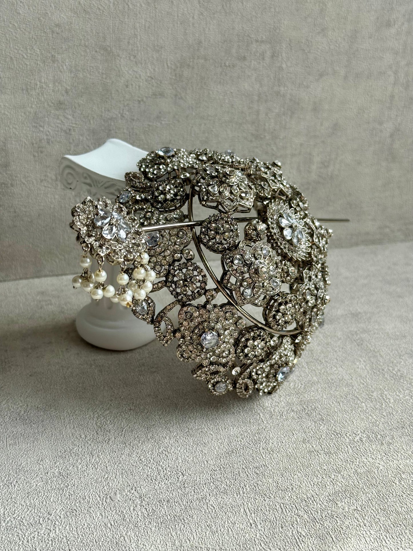 Ayura Designs Lotus Hair Bun Cover – Antique Silver with Mirror-Cut Stones & Floral Detailing