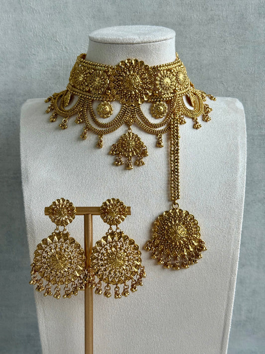 Ayura Designs Sahiban Set – Antique Gold Choker, Earrings & Tikka with Textured Filigree Motifs
