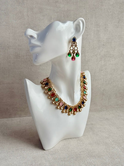 Ayura Designs Sylvie Necklace Set with Earrings – Gold Finish with Moissanite Crystals & Multicolour Stones