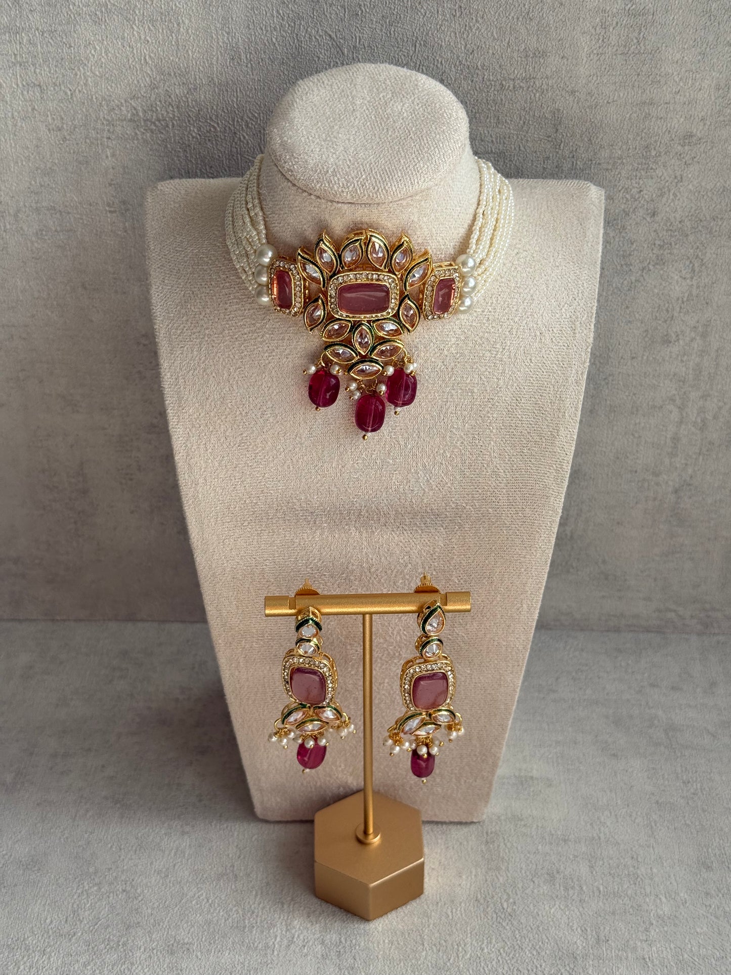 Ayura Designs Raaz Set with Necklace & Earrings – Berry Pink Stones, Kundan Detailing & Antique Gold Finish