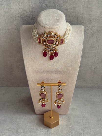 Ayura Designs Raaz Set with Necklace & Earrings – Berry Pink Stones, Kundan Detailing & Antique Gold Finish