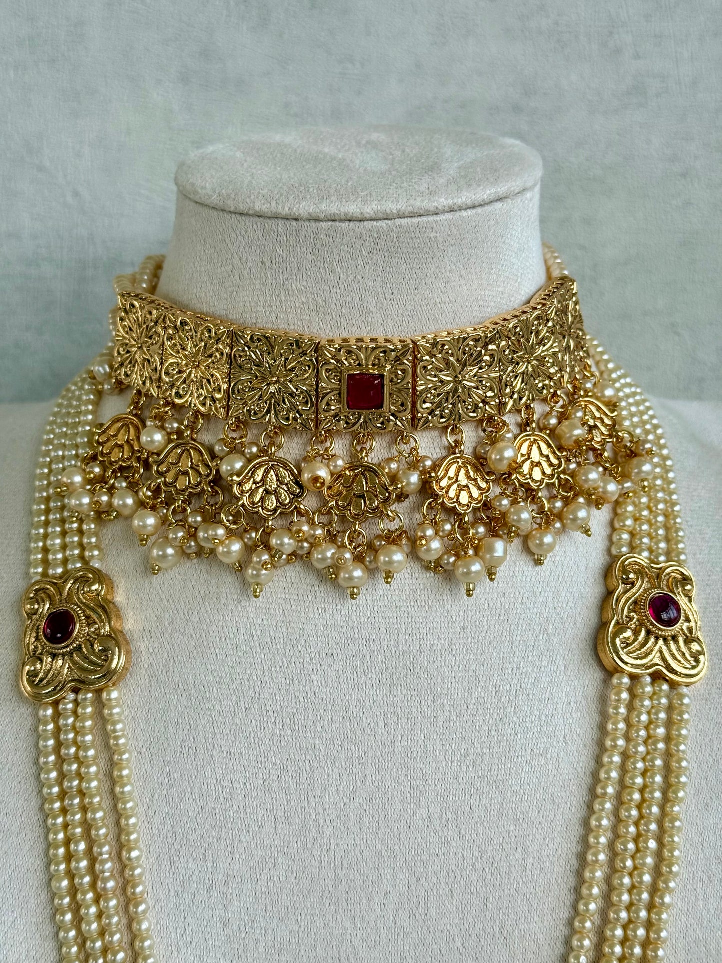 Ayura Designs Maharani Bridal Set with Choker, Haar, Earrings & Tikka – Antique Gold with Pink Stones & Pearl Detailing