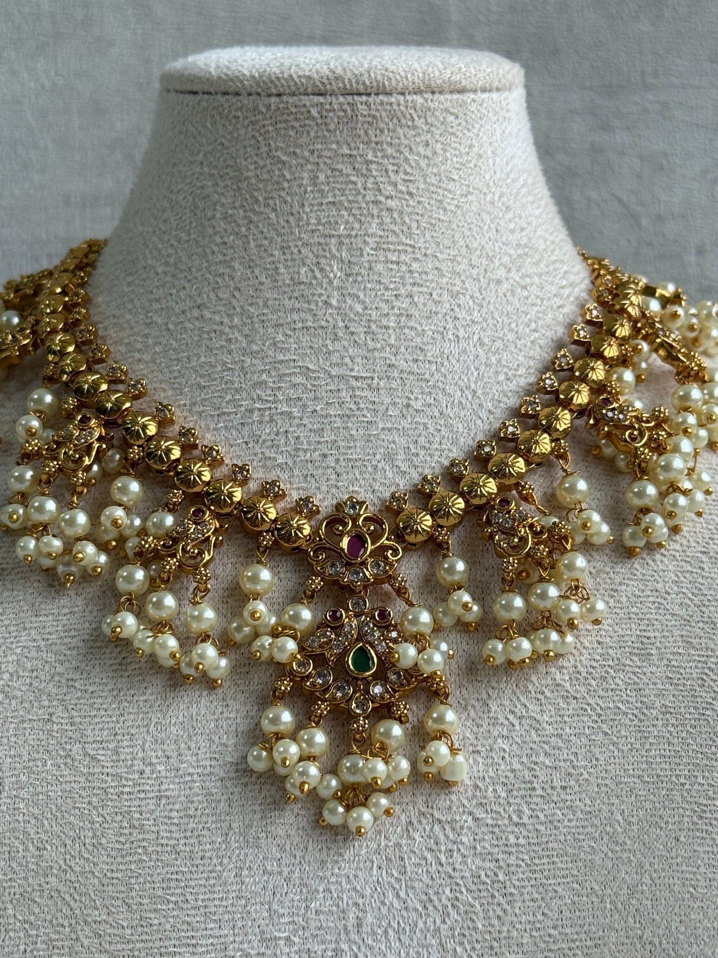 Ayura Designs Tanvi Set – Antique Gold Necklace & Earrings with Kundan, Ruby, Emerald & Pearl Detailing