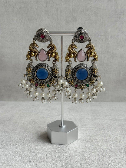 Ayura Designs Aangan Earrings – Dual Tone Oxidised Statement Earrings with Multicolour Stones & Pearl Clusters