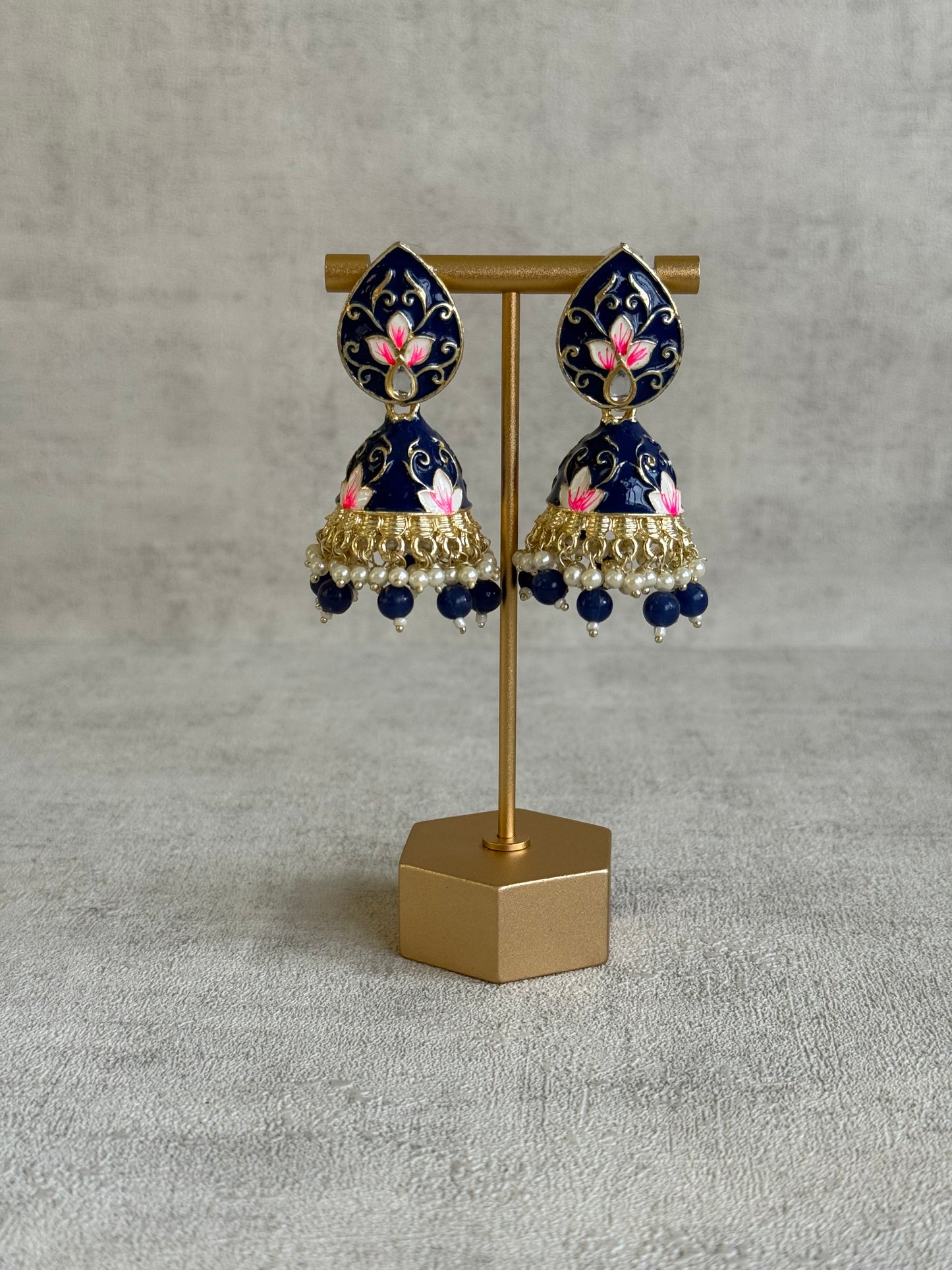 Ayura Designs Gia Jhumkis – Midnight Blue Meenakari with Pink Lotus Motifs & Ivory Pearl Drops