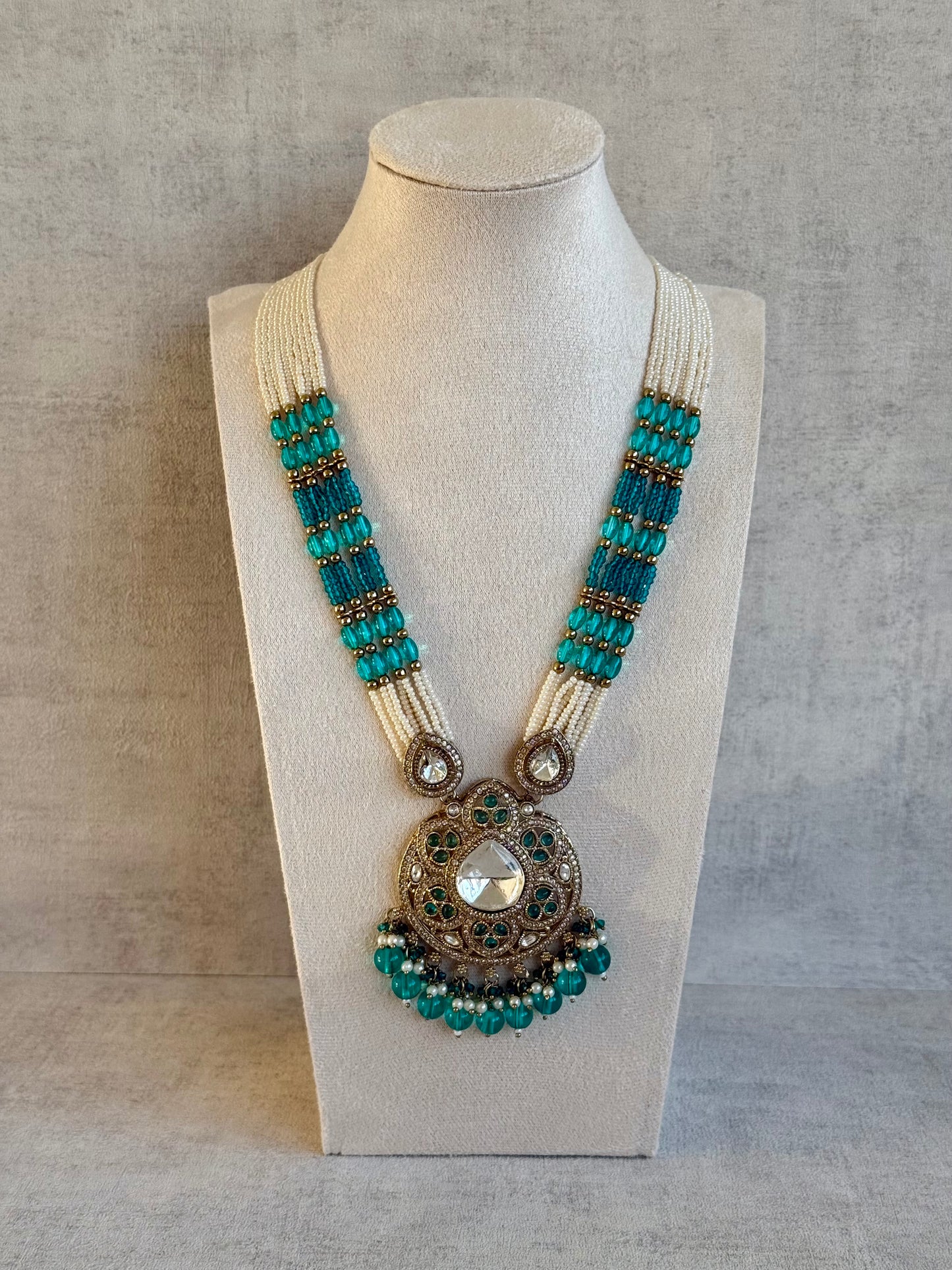 Ayura Designs Brielle Set – Necklace & Jhumkis with Mirror-Cut Stones, Aqua & Deep Teal Beads